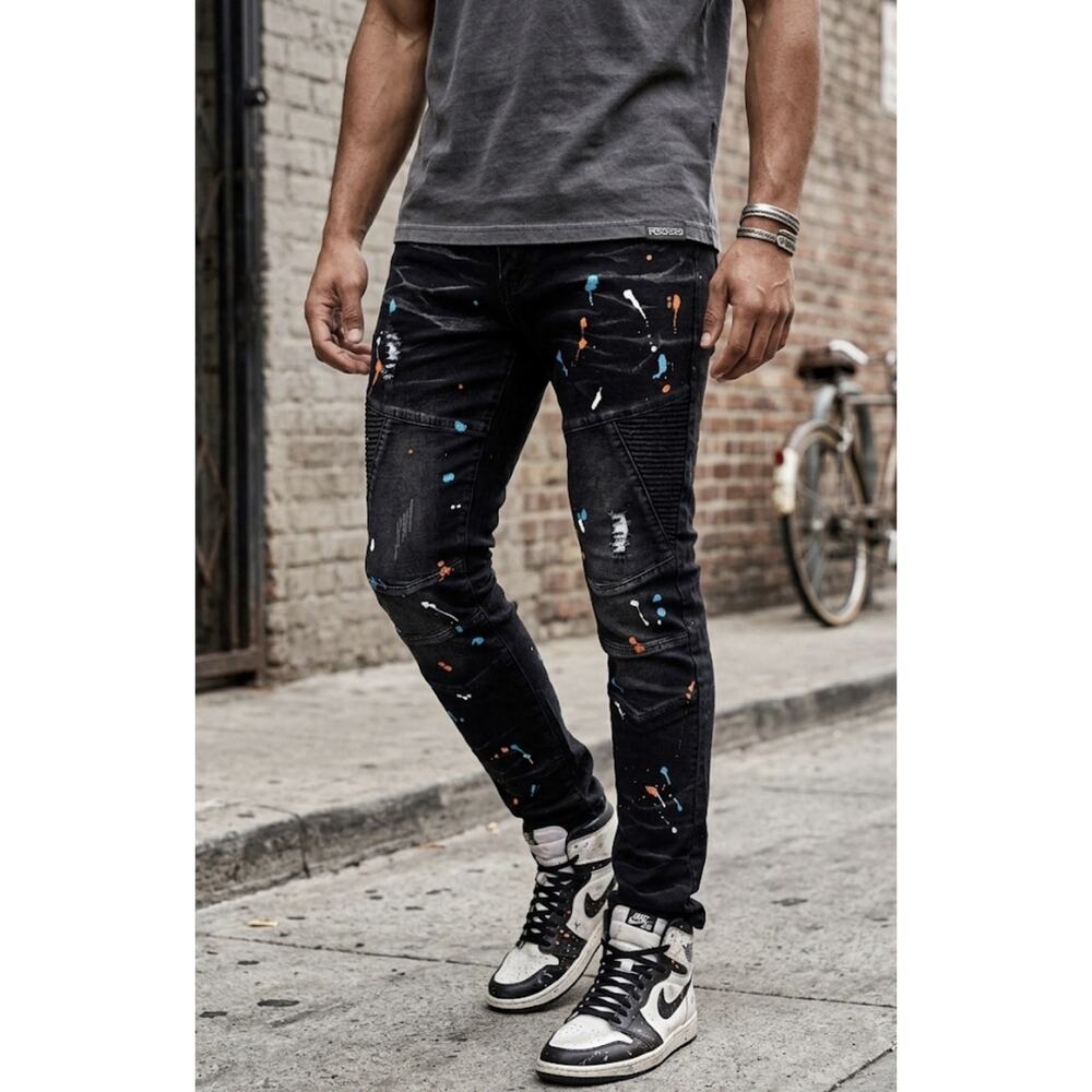 R-Scoop - black distressed moto biker jeans with colorful paint splatter - 36x32